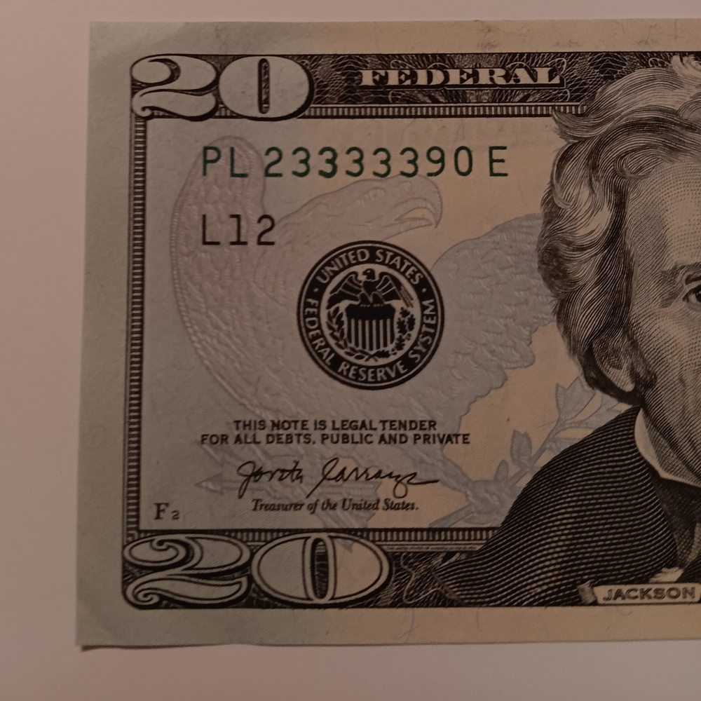 5 in a Row3s Fancy Serial Number Twenty Dollar Bill 2017A Series PL23333390E